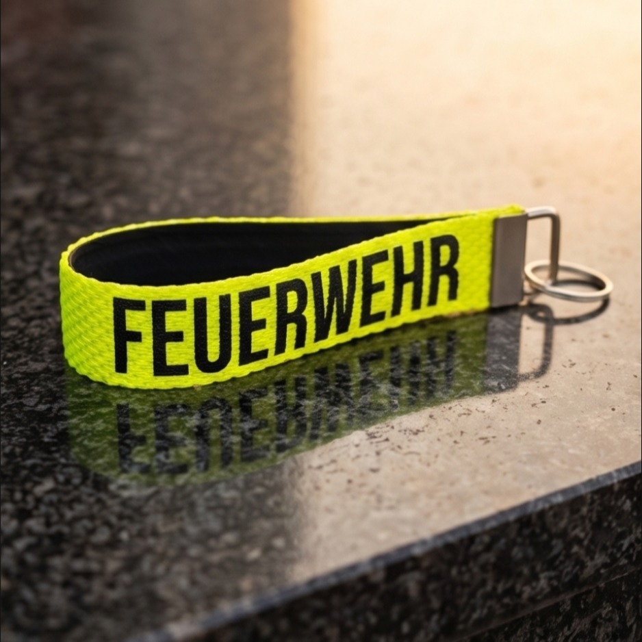 Neongelber Feuerwehr-Schlüsselanhänger aus robustem Schlauch mit schwarzem FEUERWEHR-Schriftzug und Schlüsselring