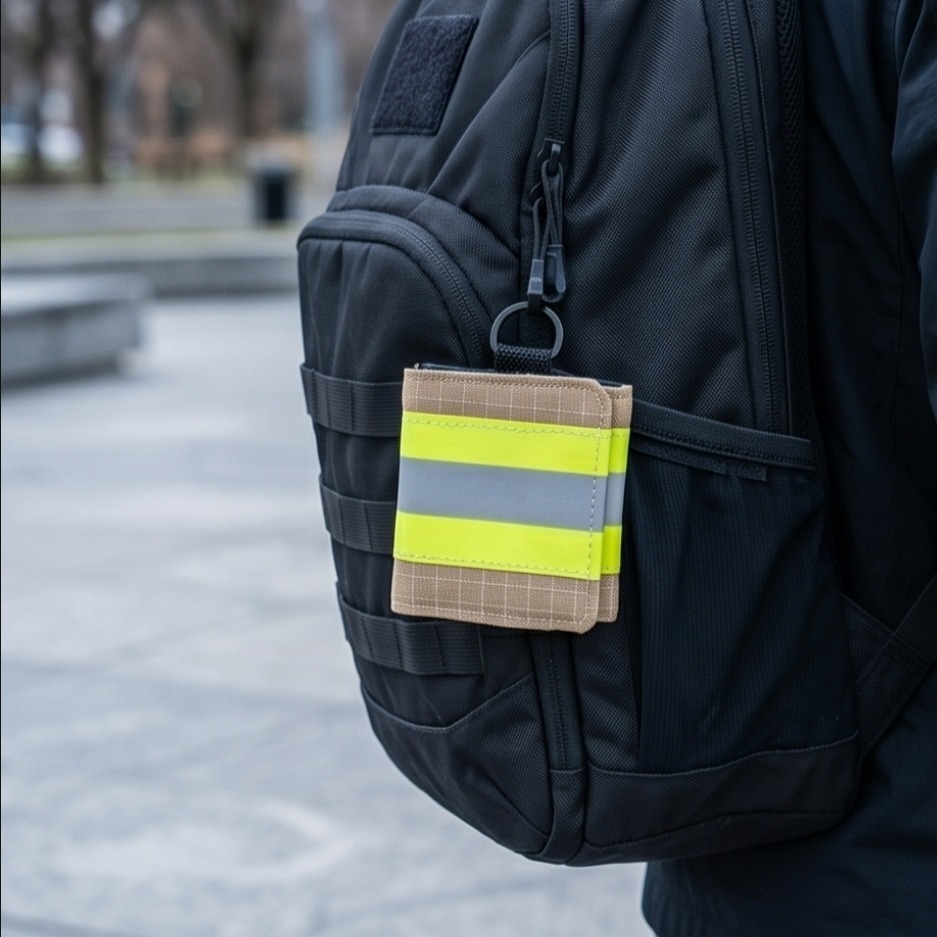Quadratisches 8x8 cm Notfall-Portemonnaie aus Feuerwehrstoff mit Reflexstreifen als zur Befestigung an Rücksäcken und Taschen.
