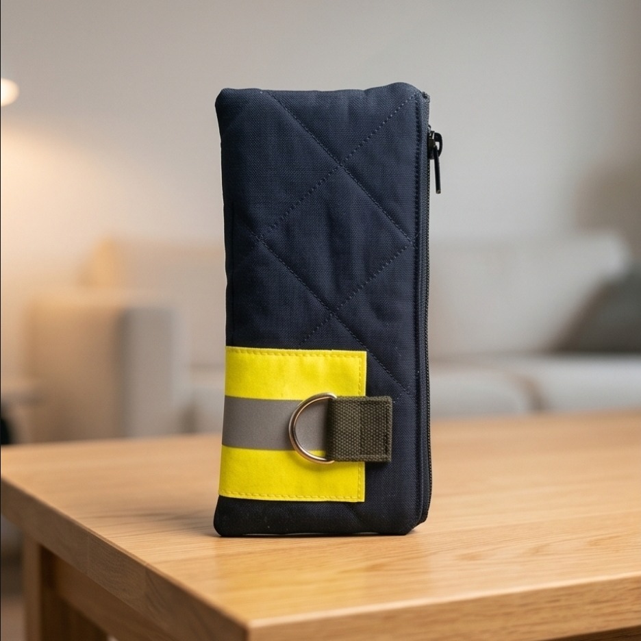 Dunkelblaue Feuerwehr Upcycling Tasche mit gelb-silbernem Reflexstreifen und D-Ring. Nachhaltiges Feuerwehr Geschenk: Gestepptes Etui aus Einsatzkleidung mit Reflektorstreifen.