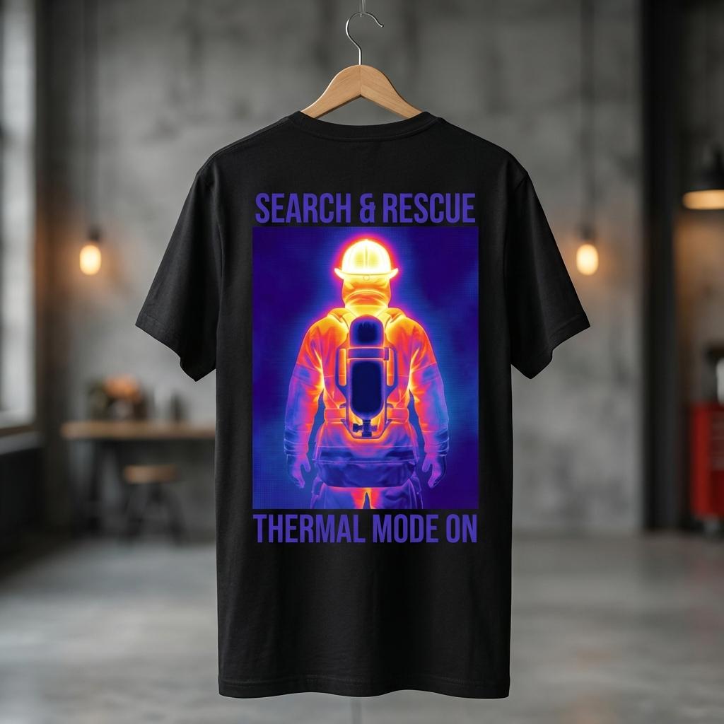 Feuerwehr T-Shirt Search & Rescue mit Wärmebild Print. Schwarzes AGT Shirt Thermal Mode On. Geschenk Idee Atemschutzgeräteträger.