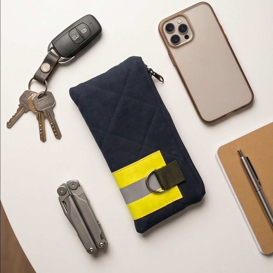 Dunkelblaues Gear-Mäppchen aus Feuerwehrstoff als Everyday Carry Tasche für Zubehör. Praktisches Feuerwehr Geschenk: Robustes Alltags-Etui aus Einsatzkleidung mit Reflexstreifen.