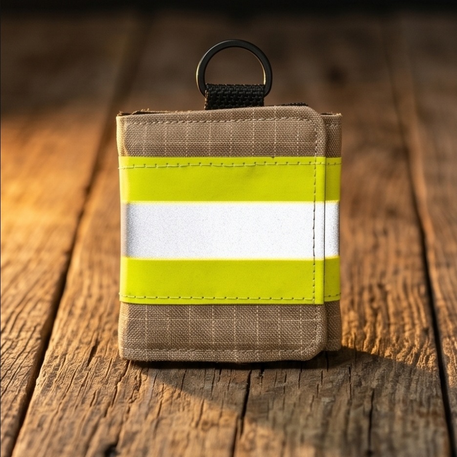 Quadratisches 8x8 cm Notfall-Portemonnaie aus Feuerwehrstoff mit Reflexstreifen als Geldbörse für Kleinteile