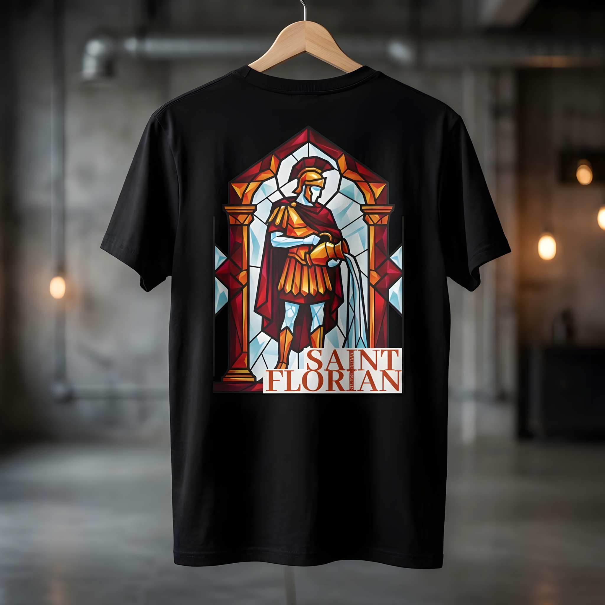 Schwarzes Feuerwehr T-Shirt mit großem Saint Florian Rückenprint im Kirchenfenster Mosaik Stil. Geschenk Idee für Feuerwehrleute.