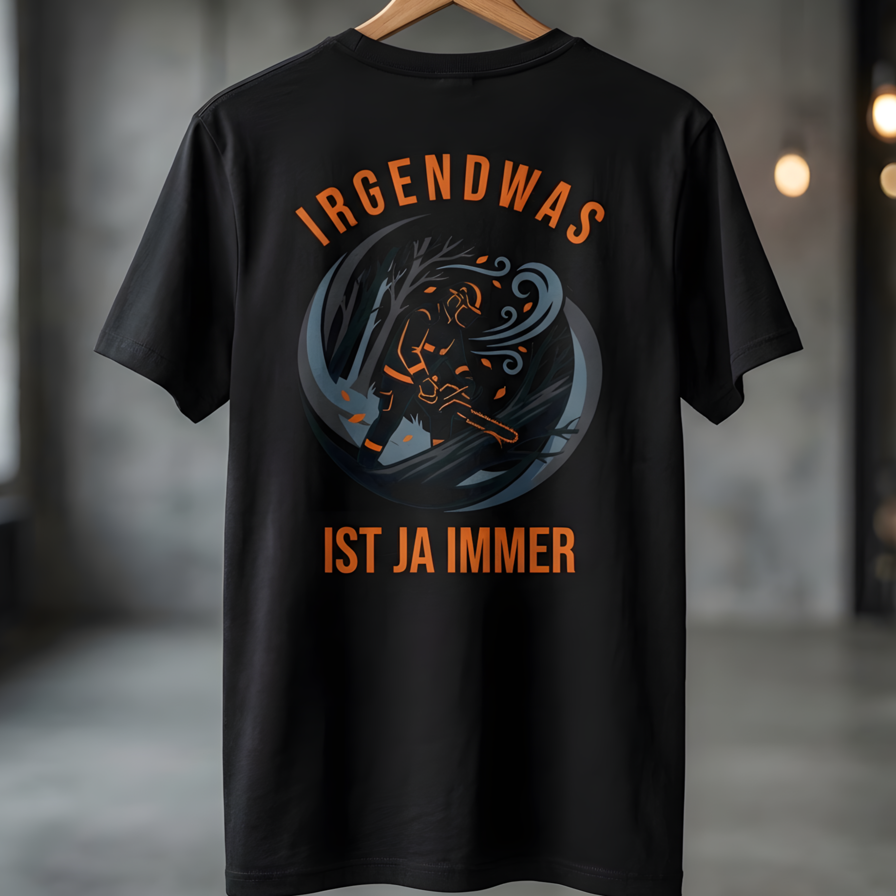 schwarzes Feuerwehr T-Shirt mit Irgendwas ist ja immer Unwetter Rückenprint.