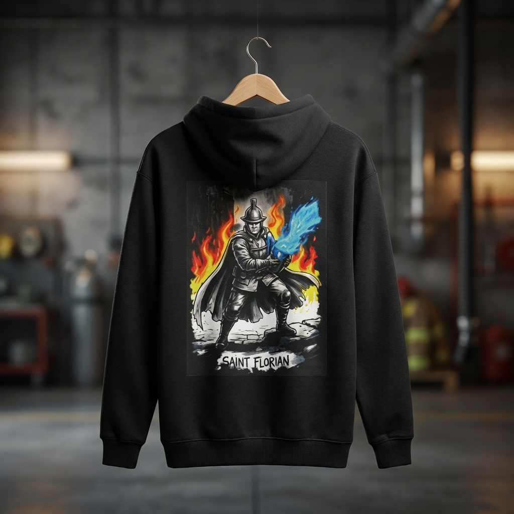 Rückansicht eines schwarzen Feuerwehr-Hoodies mit Sankt-Florian-Motiv auf einem Kleiderbügel in einer Werkstatt oder Fahrzeughalle.