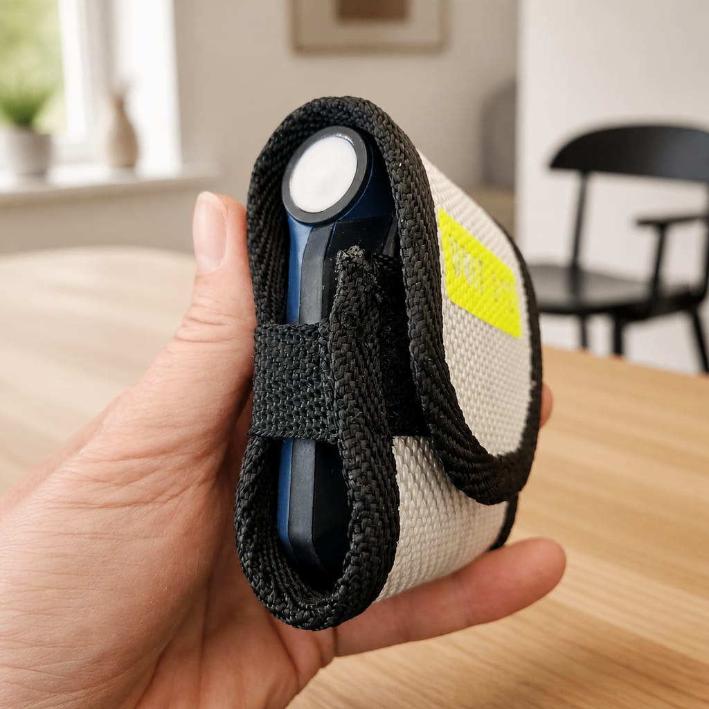 Swissphone s.QUAD Meldeempfänger in der Hand in einer flachen Upcycling Tasche aus weißem Feuerwehrschlauch.