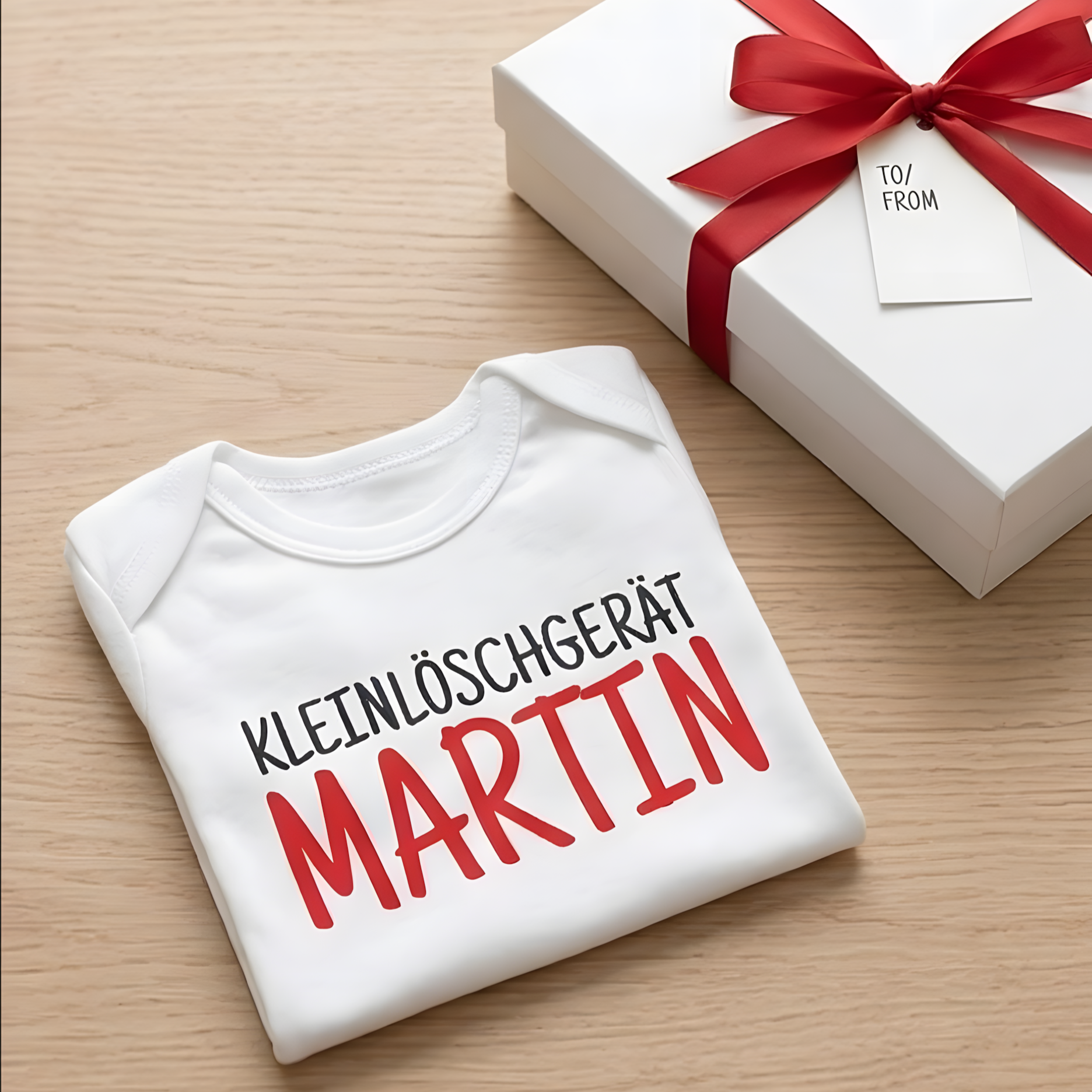 Personalisierter Baby Strampler Kleinlöschgerät mit Namen als kreative Geschenkidee zur Geburt für Feuerwehr-Fans.