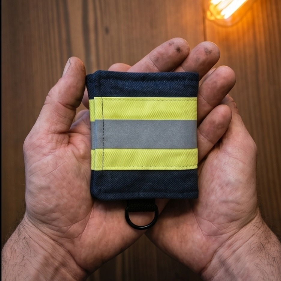 Dunkelblaue Mini-Notfall-Tasche aus originaler Einsatzkleidung mit leuchtgelbem Reflexstreifen im 1:1 Format.