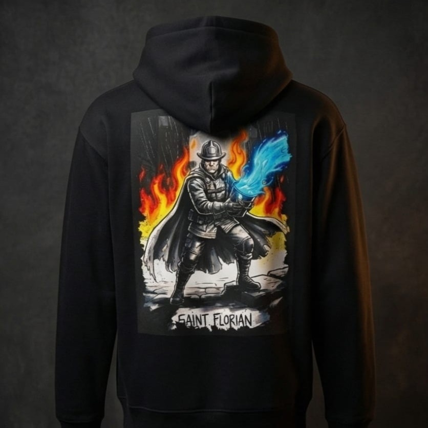Rückansicht eines schwarzen Kapuzenpullovers mit großem „Saint Florian“-Print: Schutzpatron vor Flammen und blauem Wasserwirbel-Effekt.