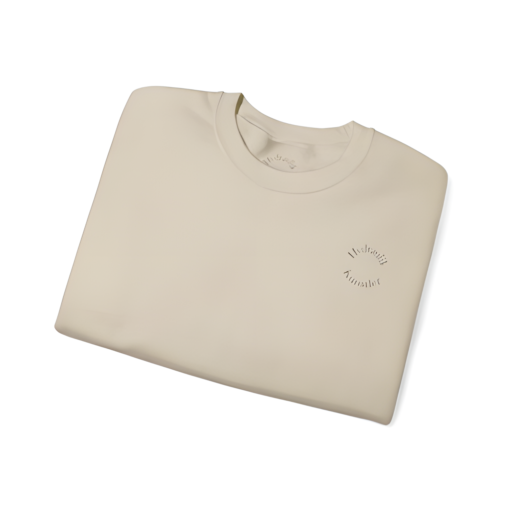Zusammengelegter sandfarbener Crewneck-Pullover flach liegend vor weißem Hintergrund mit dem runden Brust-Logo „Hydraulik Künstler“.