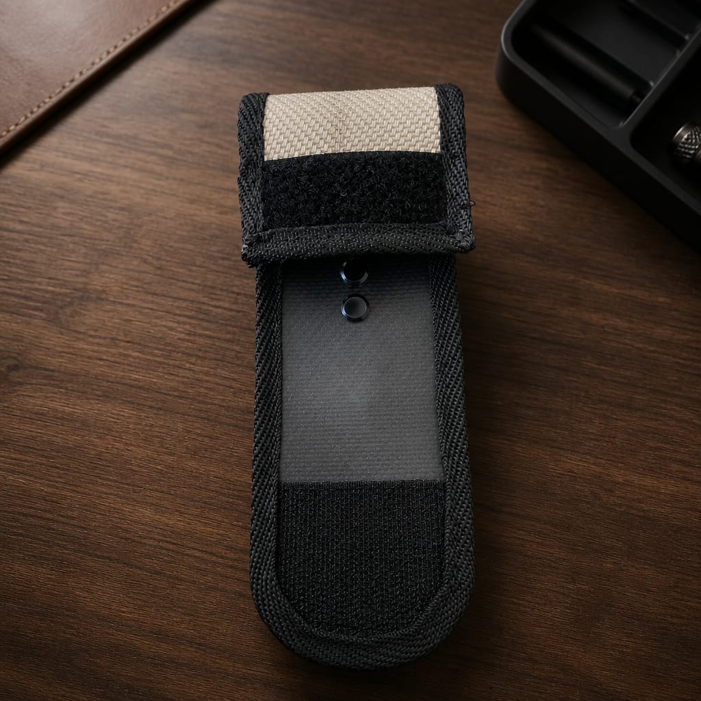 Geöffnetes Upcycling Funkmelder Holster für die Swissphone s.QUAD Serie mit sicherem Klettverschluss.