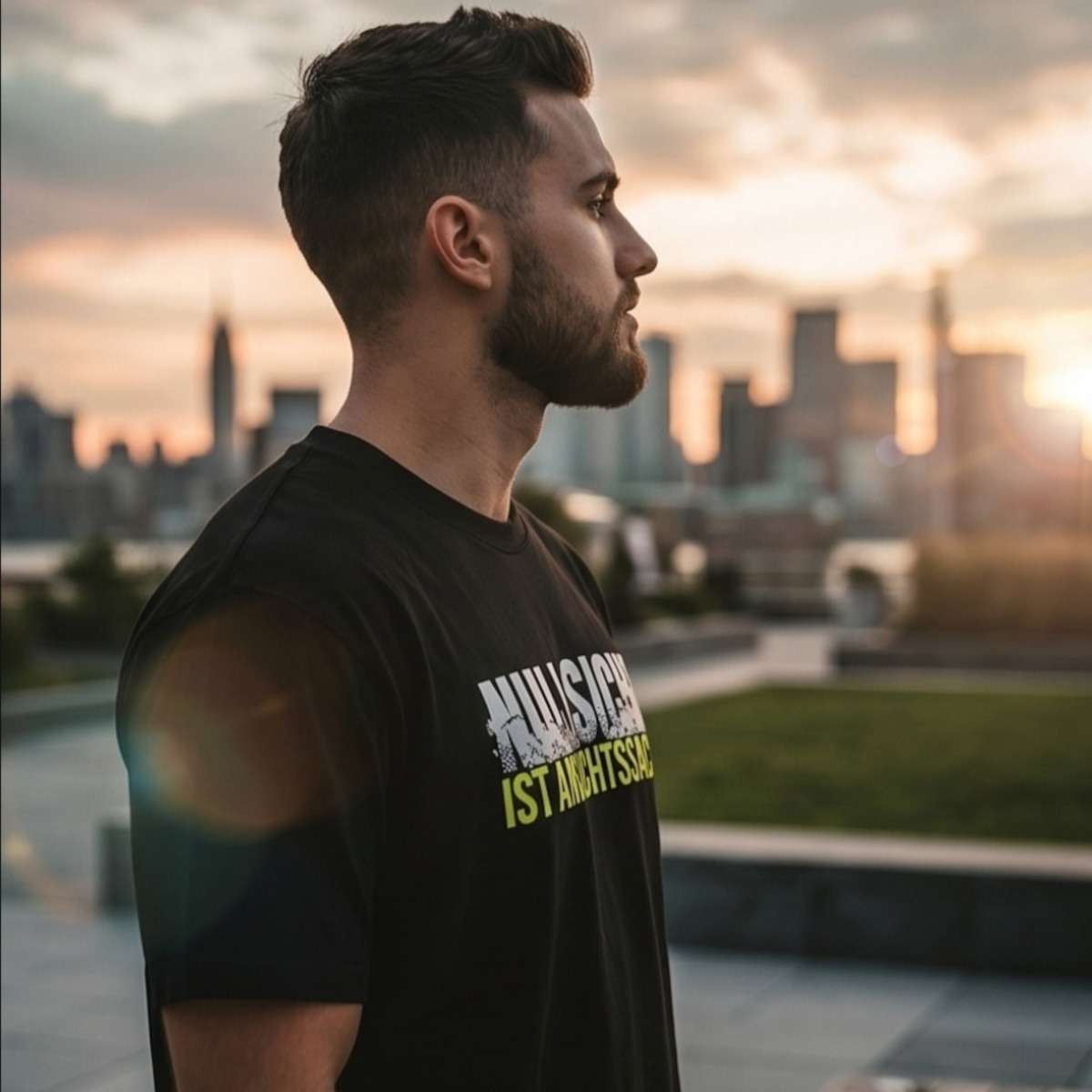 Model im Profil trägt das schwarze Feuerwehr-T-Shirt „Nullsicht ist Ansichtssache“ vor einer urbanen Skyline im Sonnenuntergang.