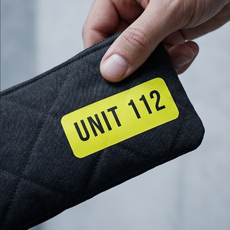 Robustes Mäppchen aus Feuerwehrkleidung mit gelbem UNIT 112 Patch in der Hand gehalten. Feuerwehr Geschenk für Männer und Frauen: Kompaktes Etui UNIT 112 aus Einsatzkleidung.