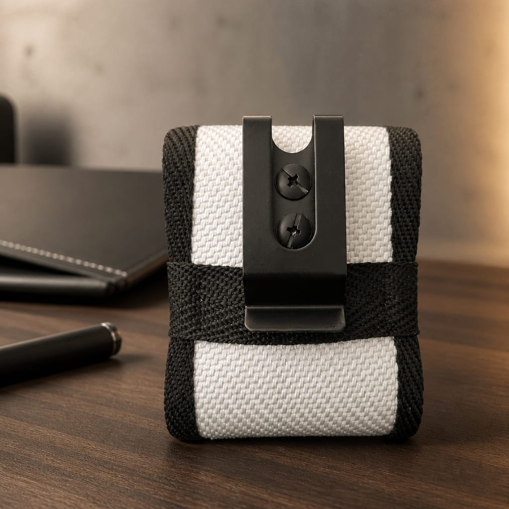 Upcycling Funkmelder Tasche für Swissphone s.QUAD mit stabilem Gürtelclip aus Metall und Buchschrauben.