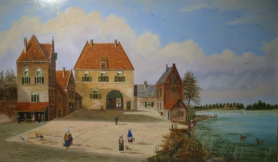 Holländische Sommerlandschaft (Öl auf Holzplatte 30 x50 cm)holländische Malerei,Landschaften,Sommer,Häuser,Leute,zeitgenössischer Maler,