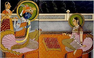 Krishna et Radha jouant au chaturanga