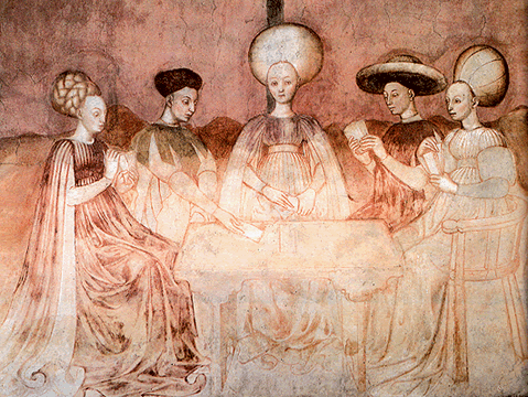 Courtisans jouant aux tarots, détail d’une fresque anonyme du XVe siècle (Milan, maison des Borromeo)