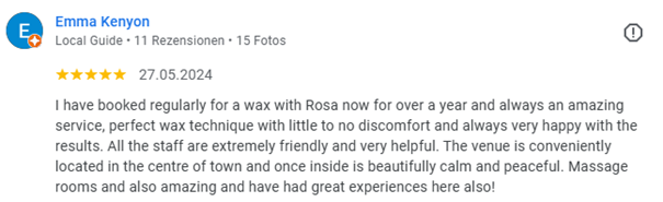 Fünfsterne Goopge-Rezension von Emma Kenyon: I have booked regularly for a wax with Bodyzone now for over a year and always an amazing service, perfect wax technique with little to no discomfort and always very happy with the results.