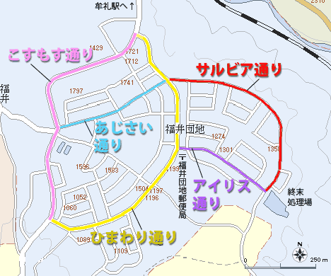 福井団地には、メインの道路にそれぞれ花の名前がつけられています。 ゆくゆくは、その通りぞいに、その花を植えていただき、 花いっぱいの美しい団地になればという 願いが込められています。 （平成18年決定）