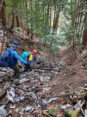 斜面が崩れやすいので注意しながら下ります。
