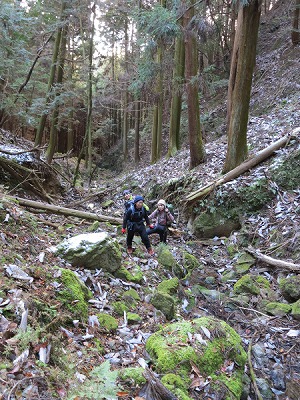 石丸大明神前から谷筋を遡行していきます。バリエーション山行とても楽しいですよ。
