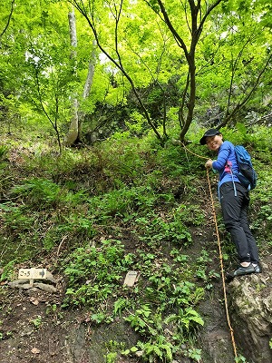 斜面にはロープもありますが、ロープに頼り過ぎず、足元を確認して歩きましょう。