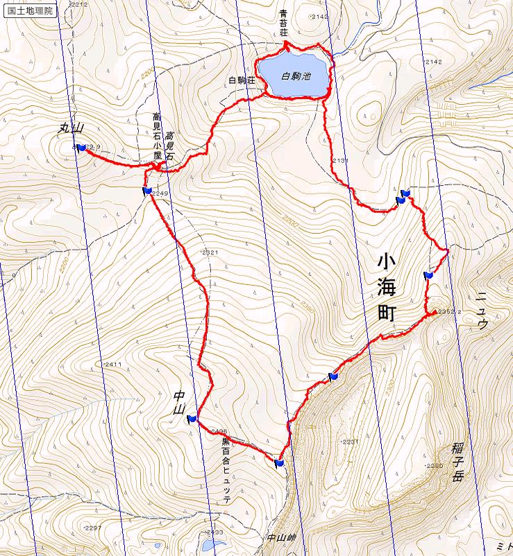 白駒池~ニュウ~中山~高見石~白駒池 ルート図