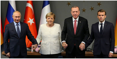 Vertice Istambul 27 ottobre – Putin, Merkel, Erdogan, Macron (quelle REUTERS) 