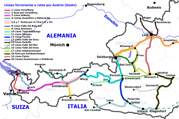 Líneas ferroviarias del Oeste de Austria (Estados Federados de Vorarlberg, Tirol, Salzburgo, Carintia, Alta Austria y Estiria)