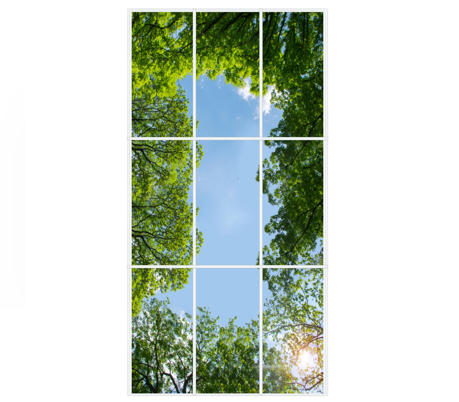 Himmelsmotiv auf LED-Panels à 60x120 cm – schwebend montiert über Wartebereich