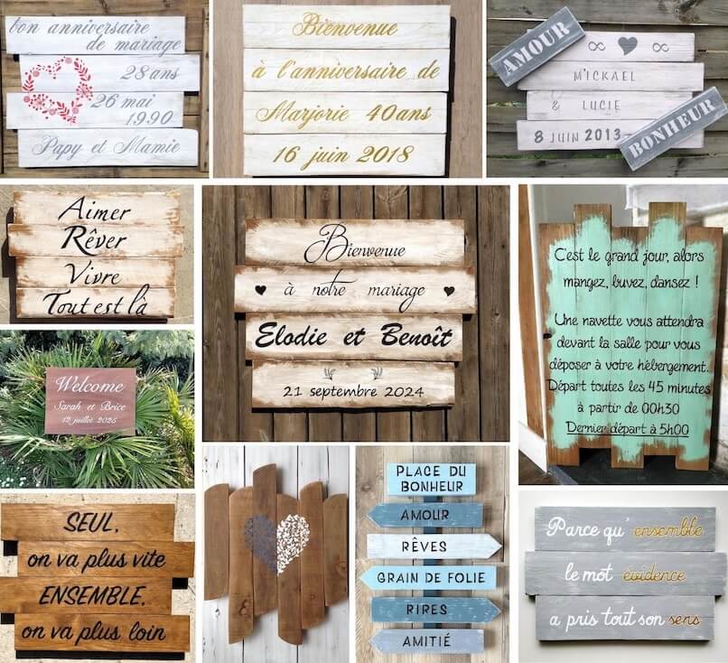 Collage de tableaux personnalisés pour mariage, en bois, avec les noms des mariés et des citations peintes à la main, ambiance romantique