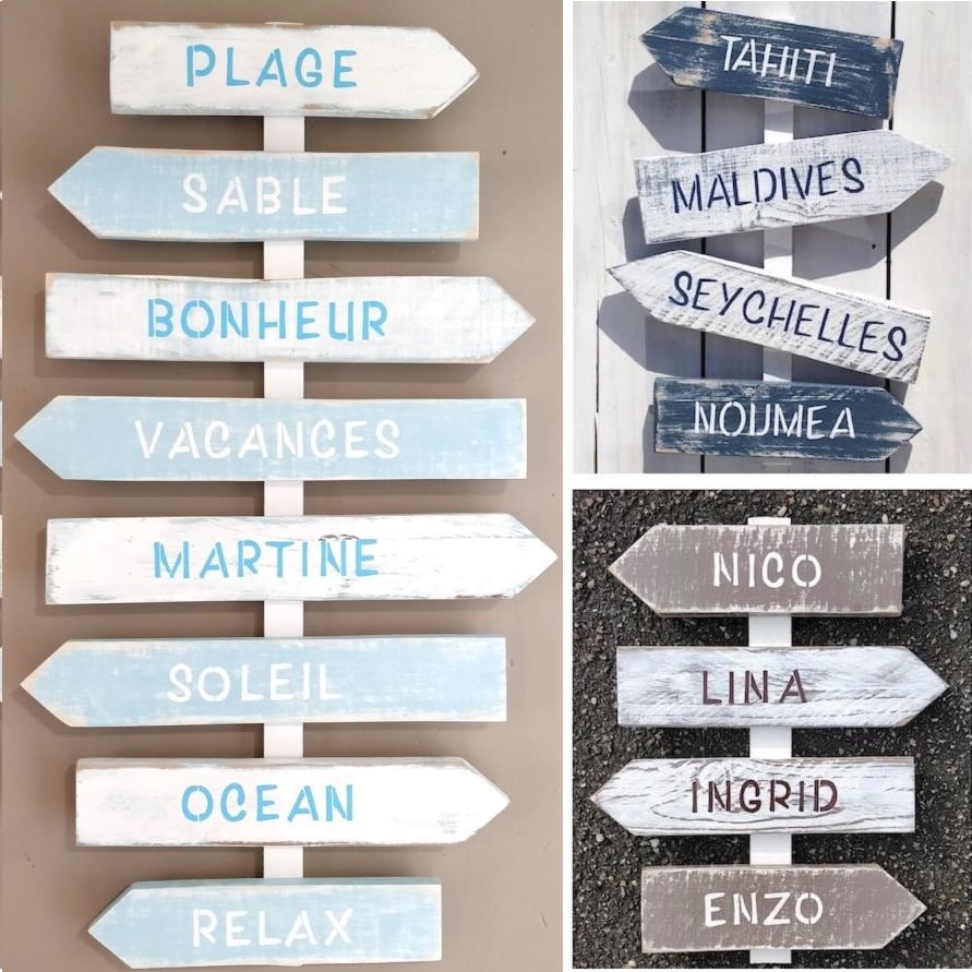Assemblage de panneaux directionnels personnalisés à offrir, fabrication artisanale pour décoration écoresponsable