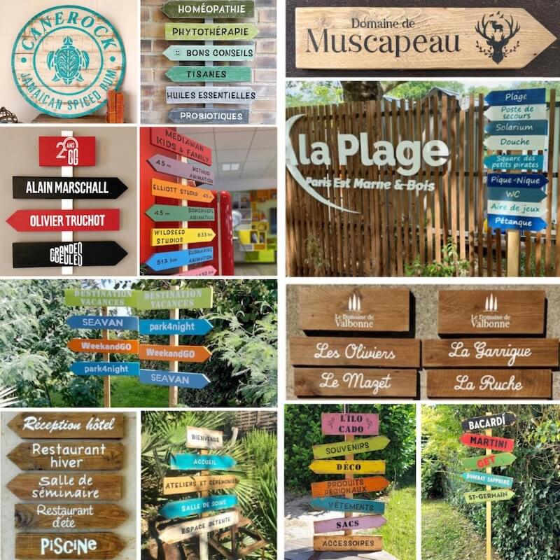 Assemblage de signalétiques professionnelles en bois adaptées à toutes situations