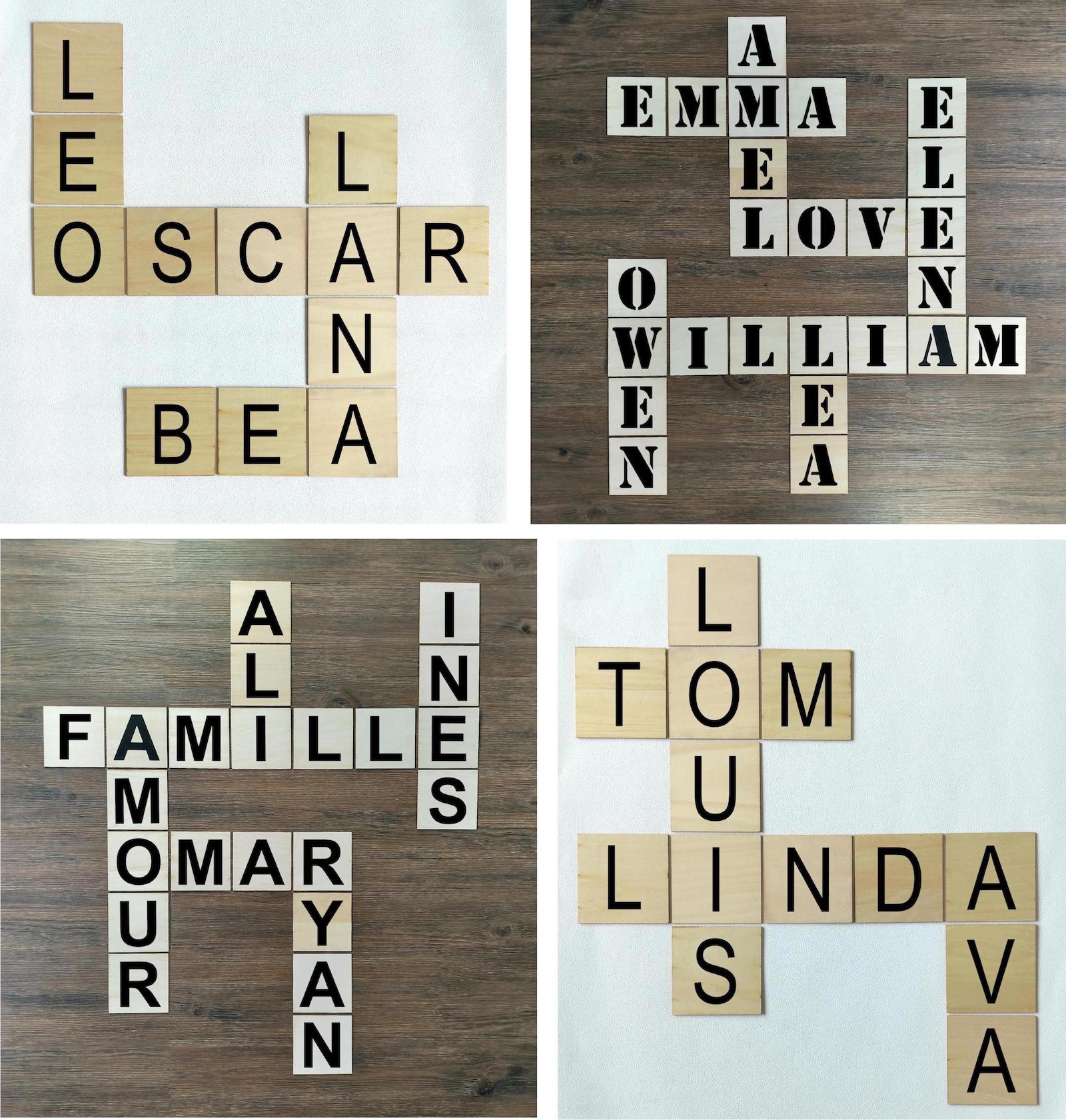 Composition de lettres décoratives de Scrabble, à personnaliser en bois contreplaqué, prénoms peints en noir