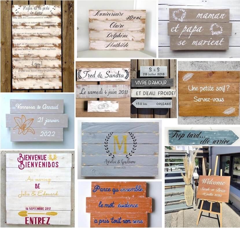 Collage de tableaux en bois à personnaliser pour mariage ou réception, citations, dates ou prénoms calligraphiés