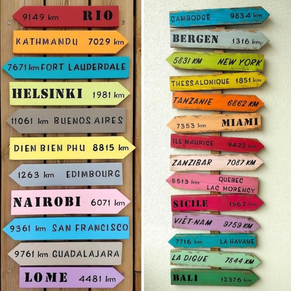 Patchwork visuel de panneaux directionnels en bois, peinture multicolore, texte peint en noir, à personnaliser pour offrir ou décorer