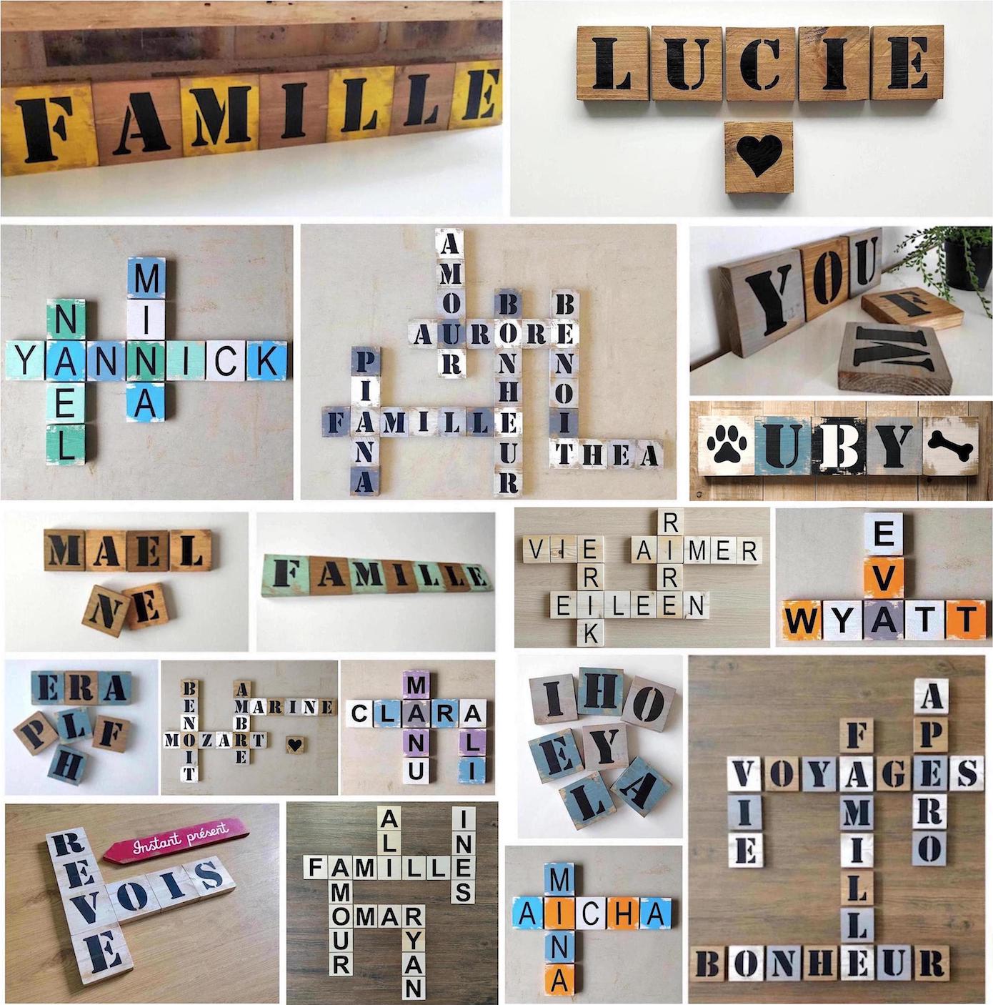 Collage de Scrabble mural décoratif personnalisable en bois brut ou peint, fait à la main en France
