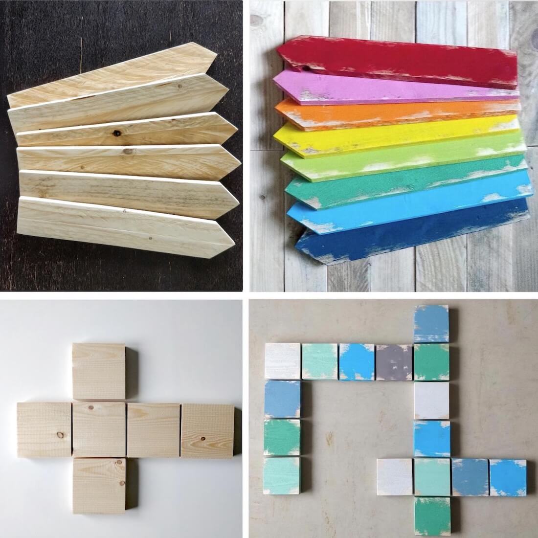 Mosaïque de flèches et lettres de Scrabble vierges en bois brut ou peint, pour une personnalisation créative