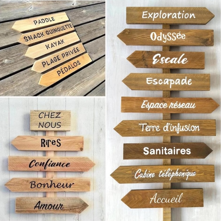  Collage de panneaux directionnels en bois brut épuré, écriture noire ou blanche pour personnaliser une signalétique ou une décoration
