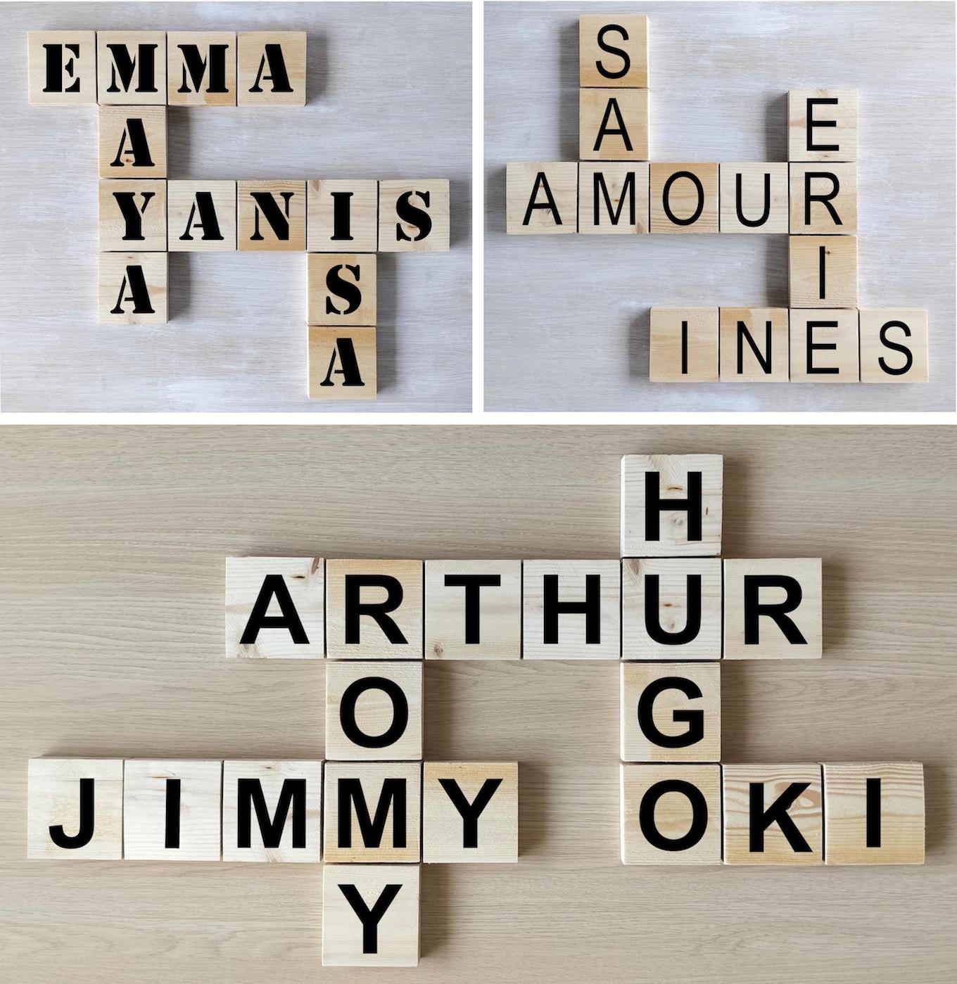 Collage photo de lettres murales ou à poser, Scrabble personnalisé en bois brut, lettres peintes en noir à la main.
