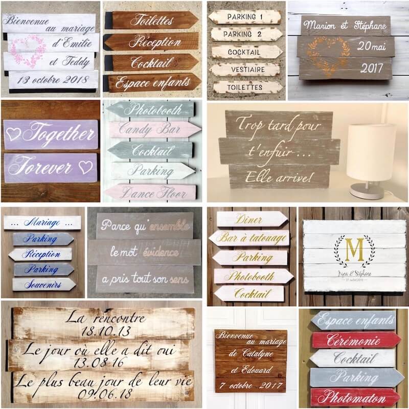 Assemblage de tableaux en bois personnalisés pour mariage, avec des citations ou des décors floraux peints à la main