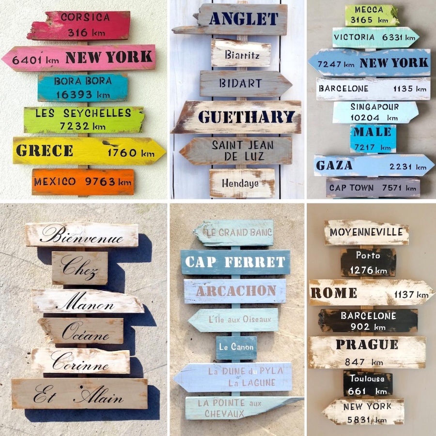 Composition de panneaux directionnels décoratifs en bois flotté ou recyclé, avec finition naturelle ou peinte à la main