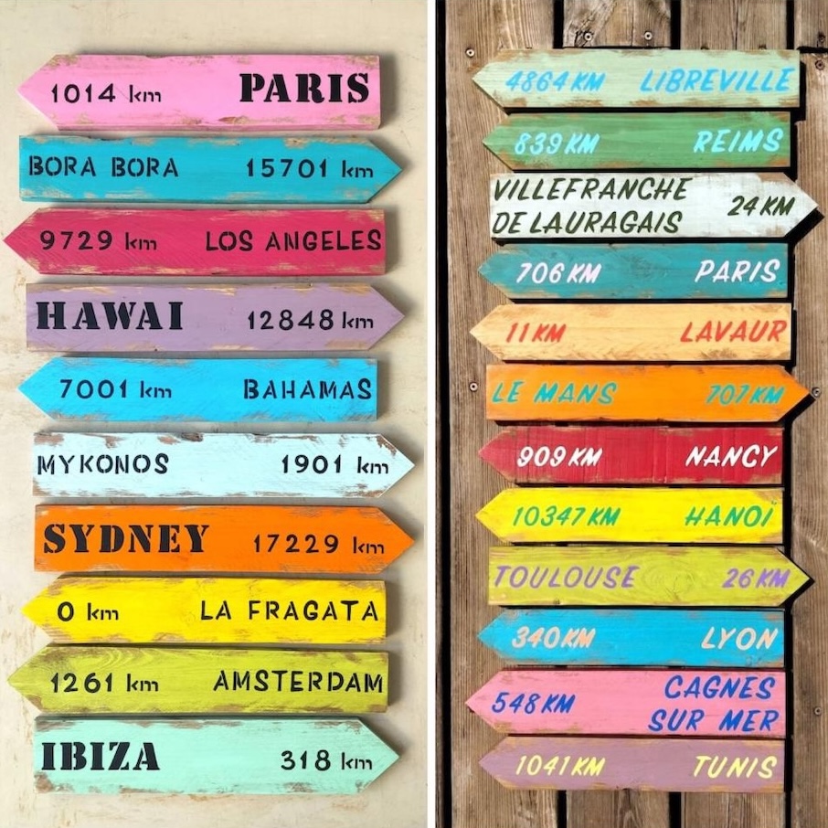Montage de panneaux directionnels multicolores à personnaliser, écritures peintes en noir ou en couleur, pour un rendu tendance