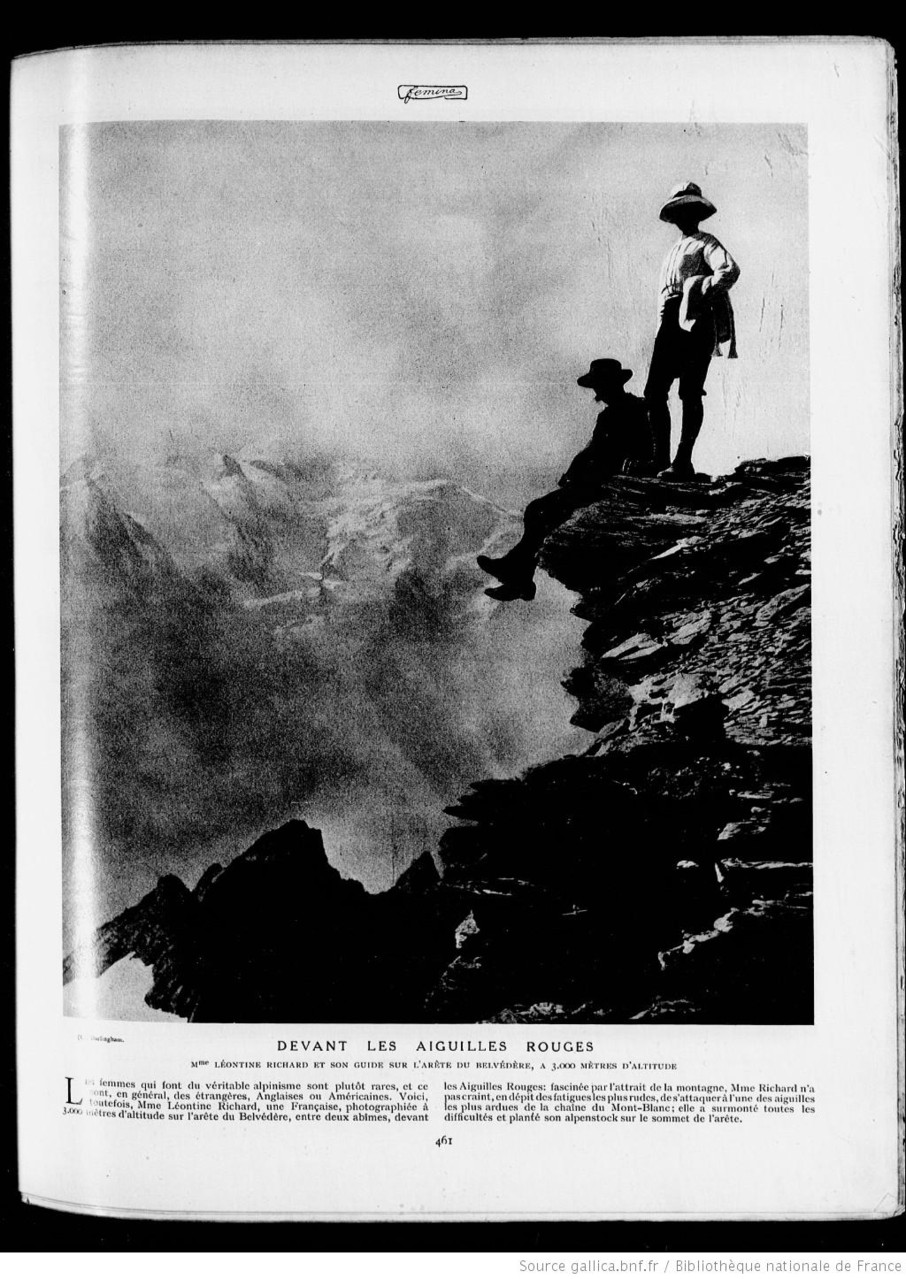Léontine Richard et son guide, aiguilles Rouges, chaîne du Mont-Blanc, 3000 mètres, n° du 15 août 1912 du magazine Fémina.