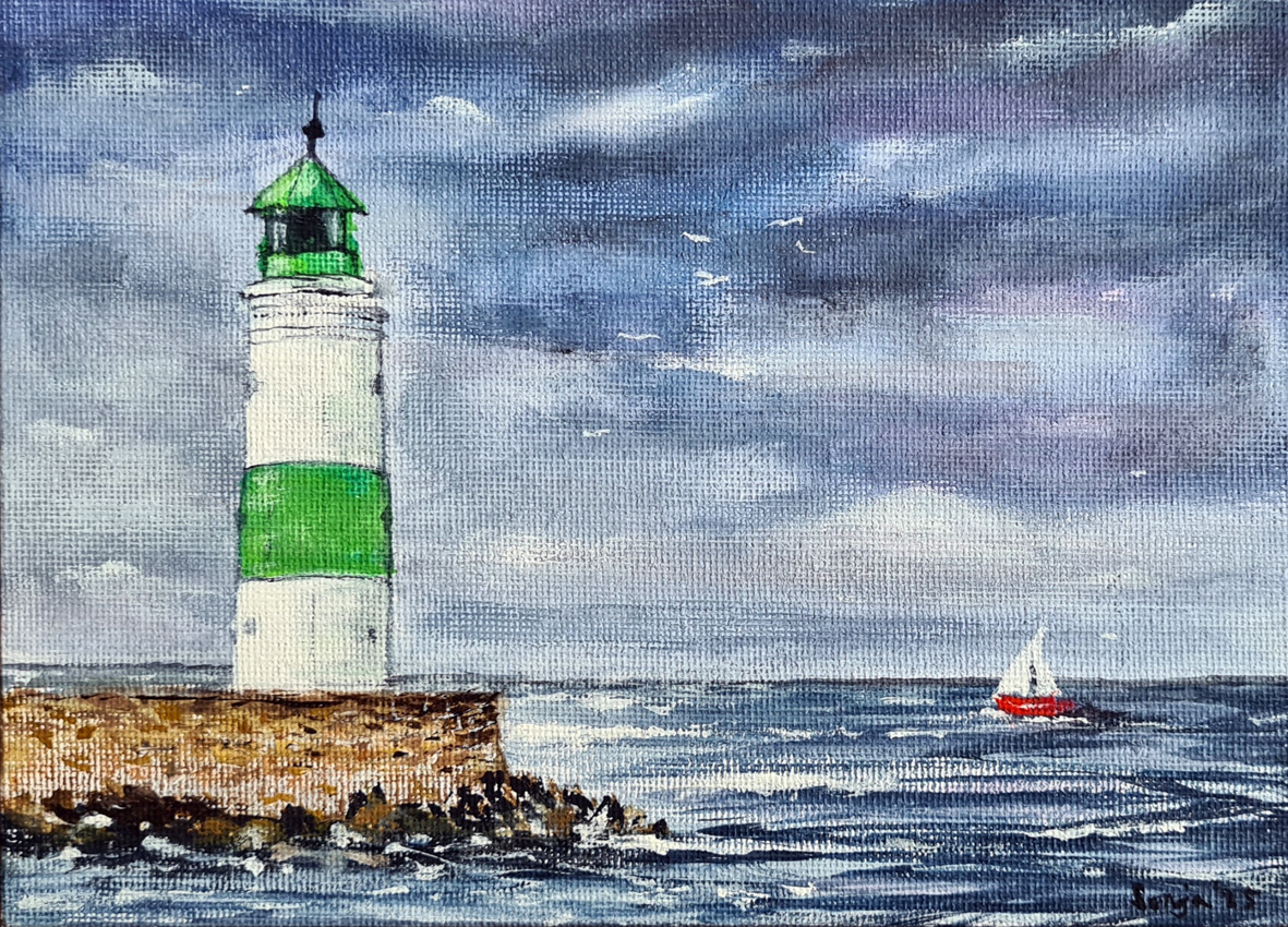 "Leuchtturm Schleimünde", Gouache auf Leinwand, 13 x 18 cm