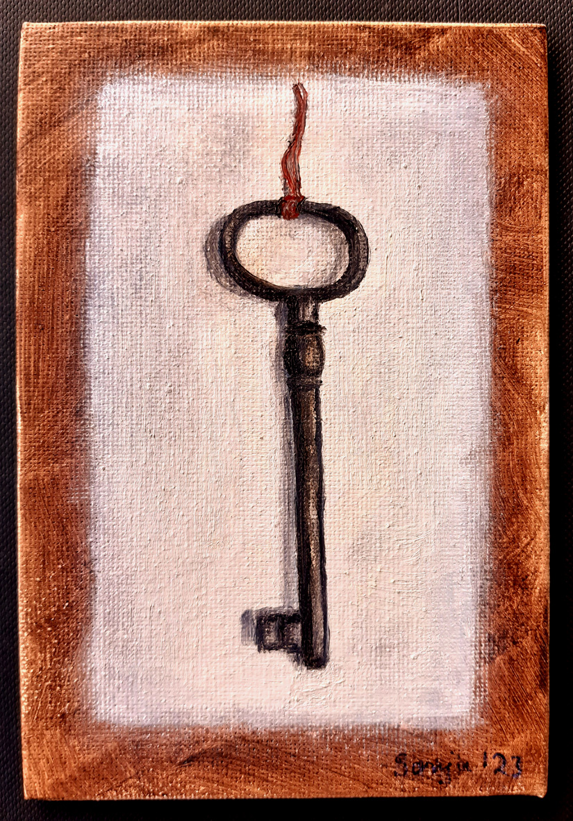 "Stilleben mit Schlüssel", Öl auf Leinwand, 10 x 15 cm