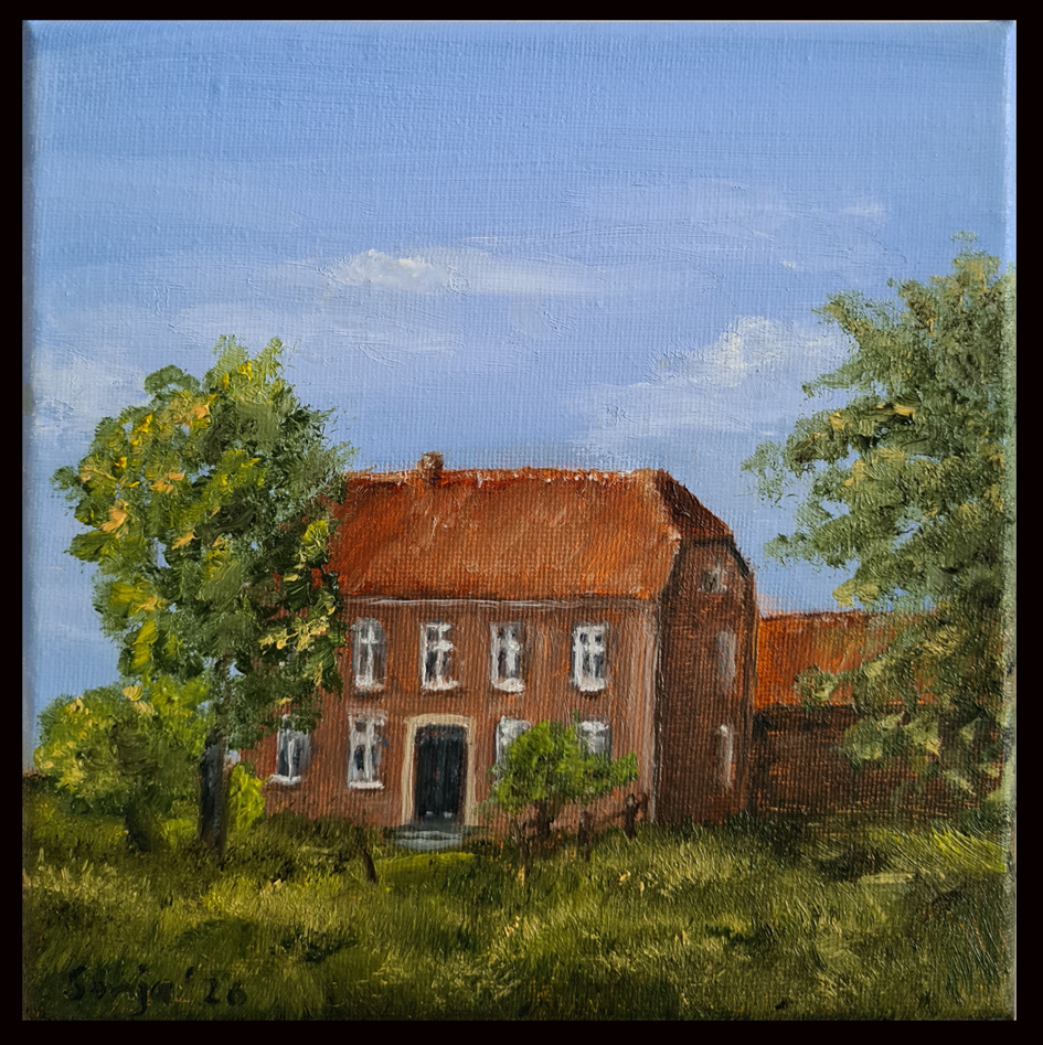 "Niederrheinisches Bauernhaus", Öl auf Leinwand, 15 x 15 cm