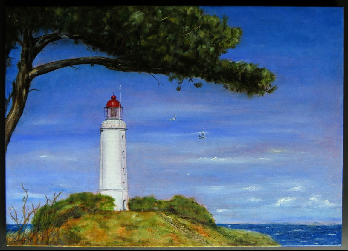 "Leuchtturm Hiddense", Acryl auf Leinwand, 50 x 70 cm