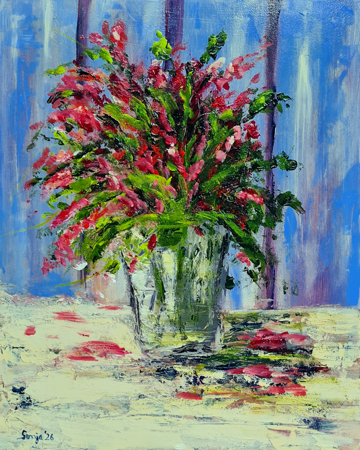 "Frühlingstrauß vor Taubenblau", Öl auf Malplatte, 24 x 30 cm