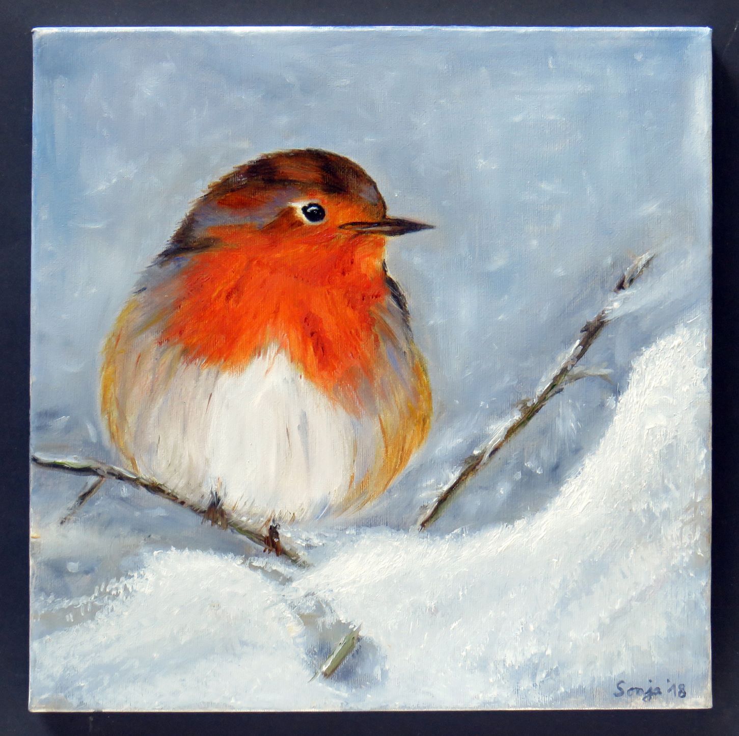 "Rotkehlchen im Winter", Öl auf Leinwand, 30 x 30cm *